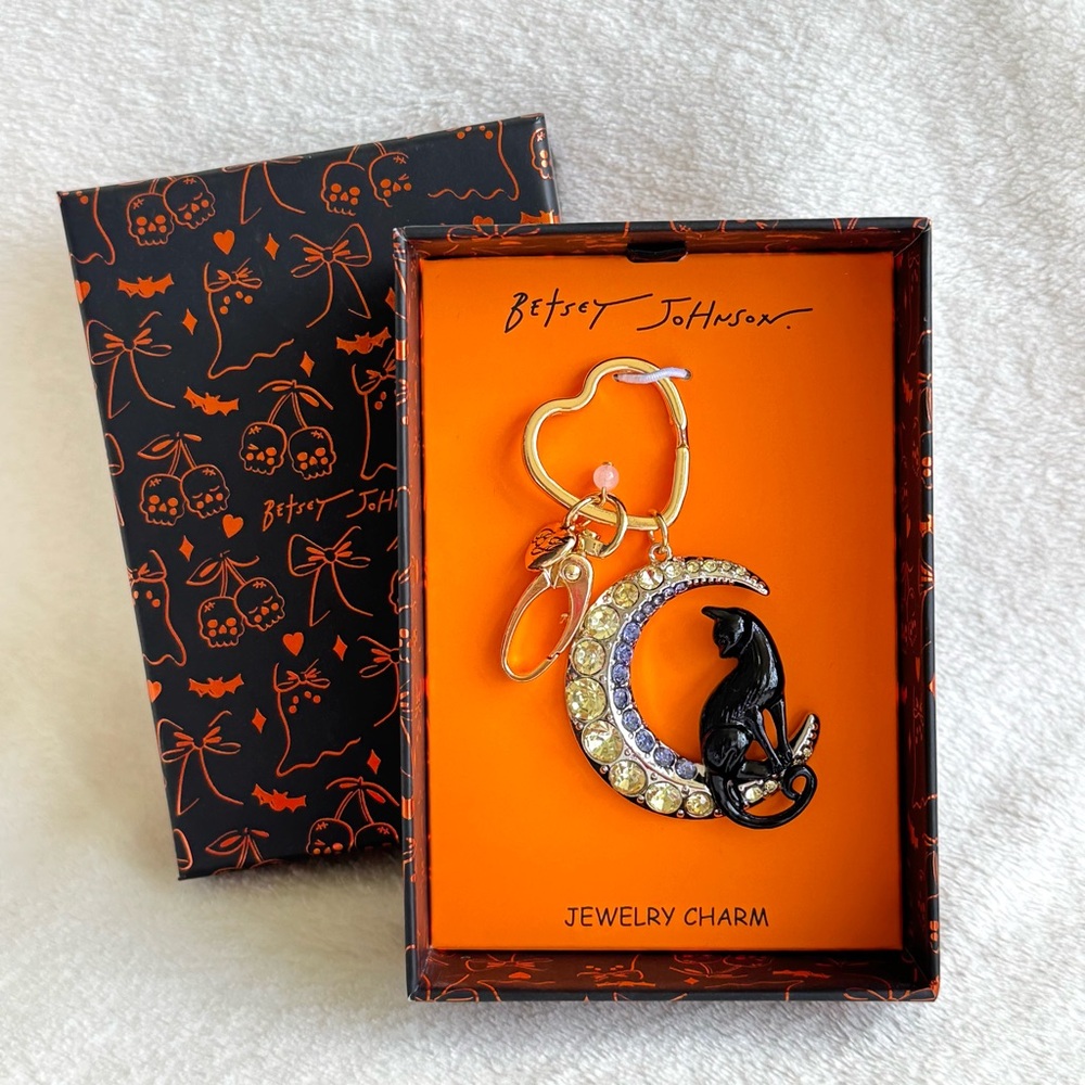 Betsey Johnson Halloween Black Cat & Crescent Moon Bag Charm